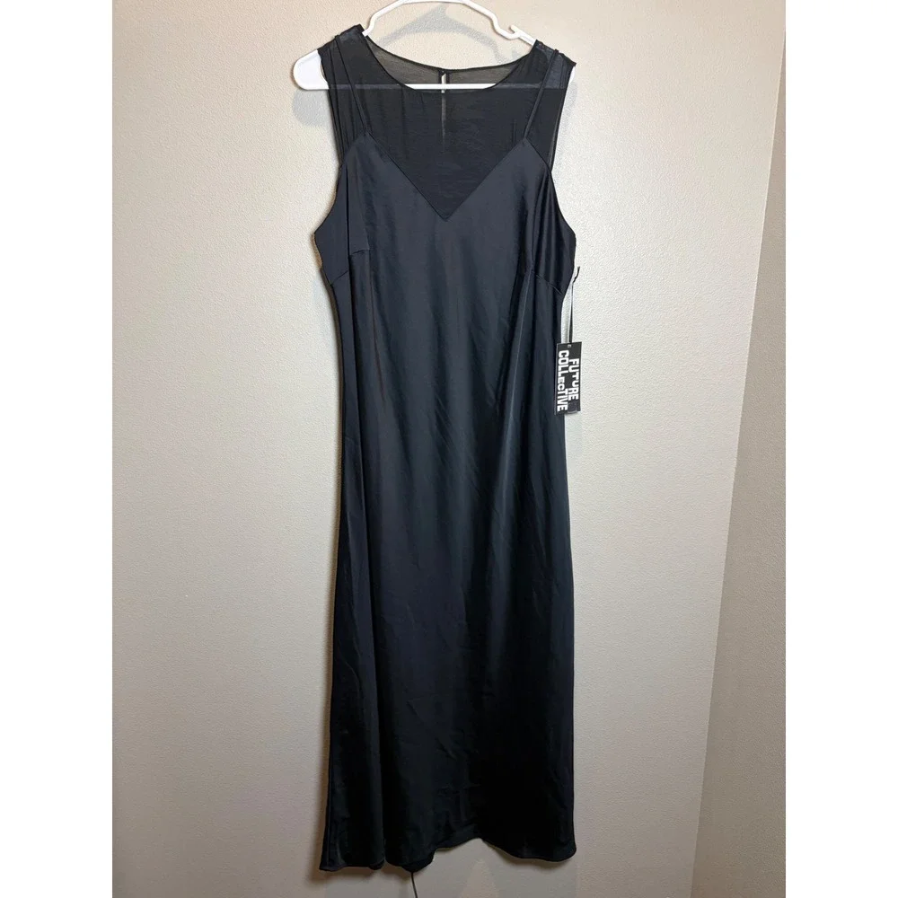 Future Collective Black Mesh Panel Satin Maxi Dress XXL V-Neck Sleeveless